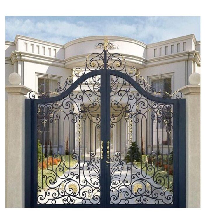 Deep blue and brushed gold main gate for quiet luxury