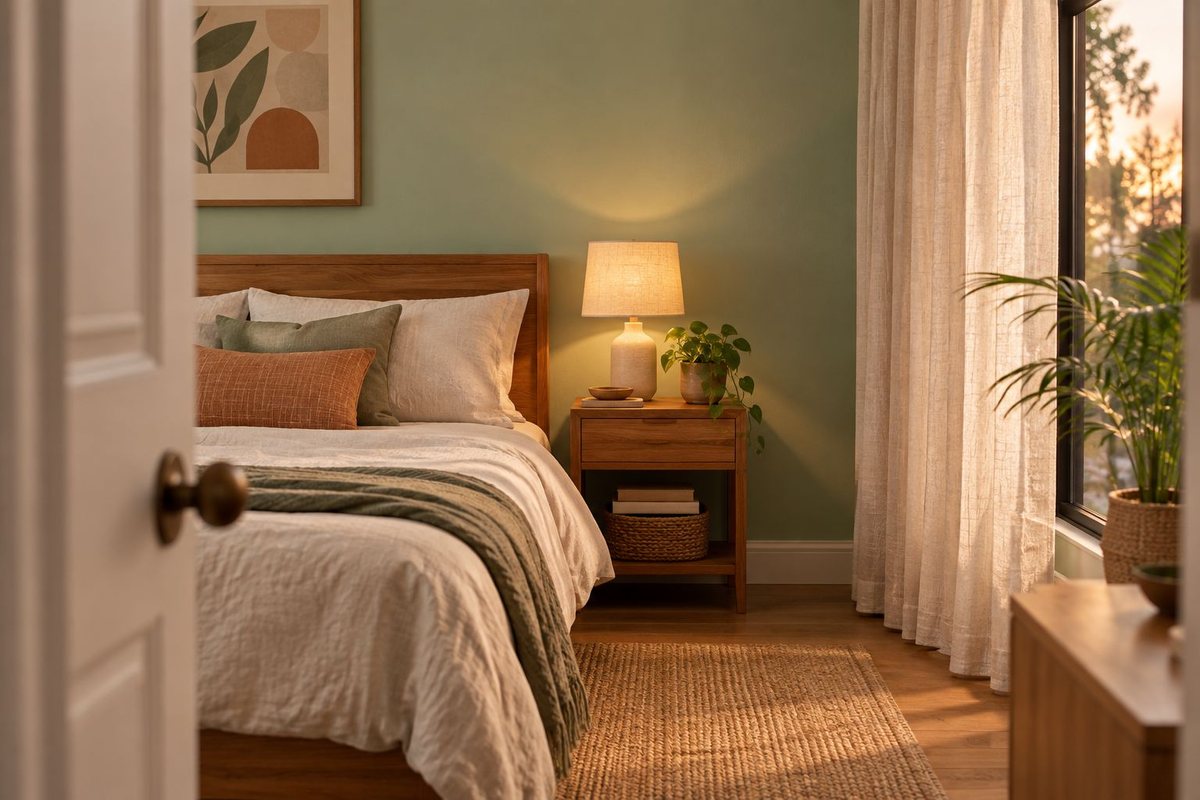 Illustration of a bedroom with soft matte painted walls, neutral curtains and wooden furniture