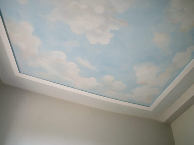 Illustration of a bedroom ceiling painted with a soft sky and cloud mural