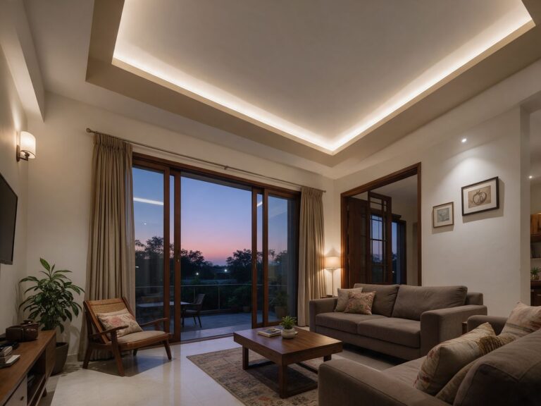Illustration of a living room false ceiling with warm cove lighting around the edges