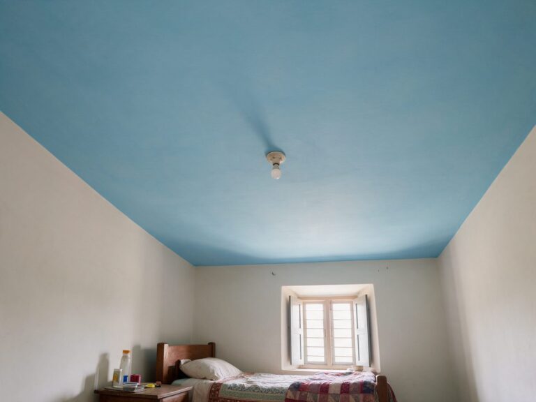 Illustration of a calm room with a flat ceiling painted in soft pastel blue