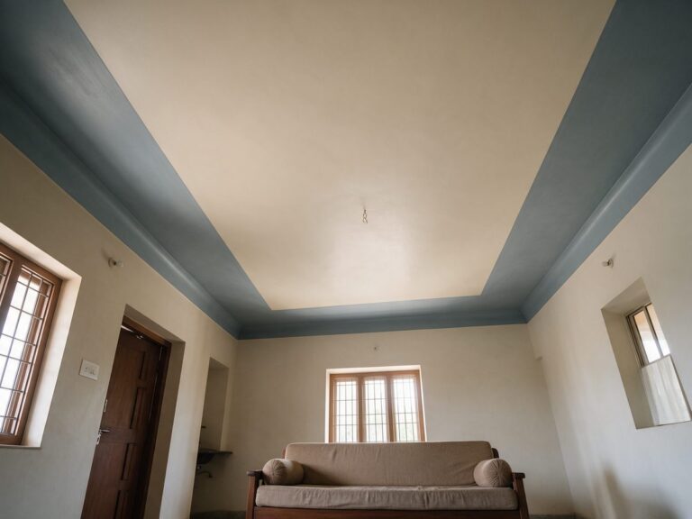 Illustration of a living room ceiling painted in a light shade with a darker accent border