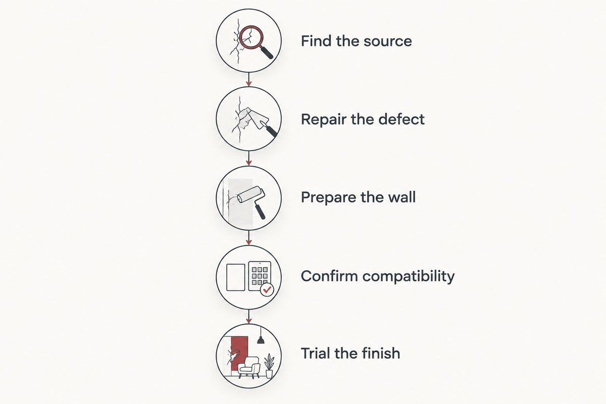 Five stages from finding the moisture source to testing the prepared wall finish