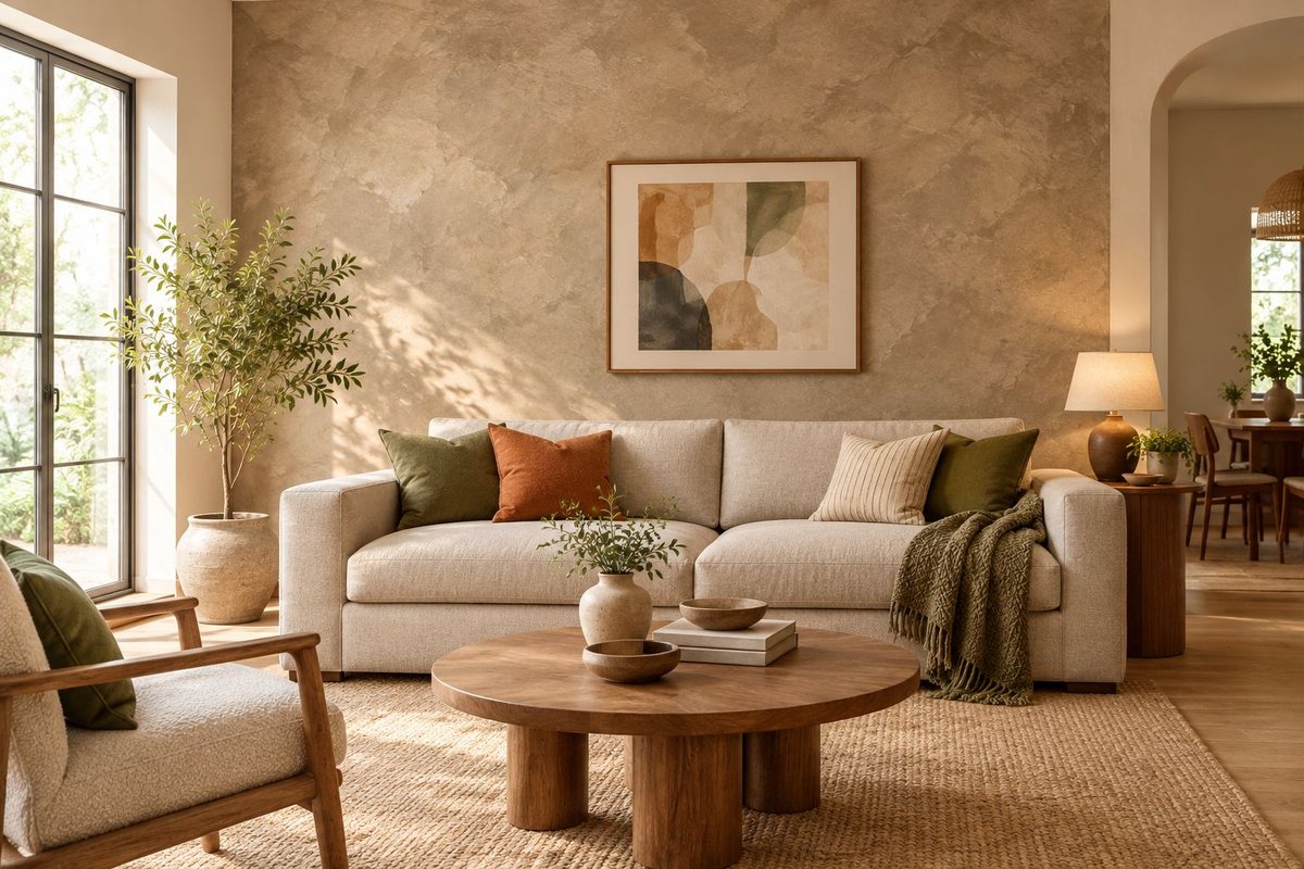 Illustration of a subtly textured feature wall behind a plain sofa beside smooth walls