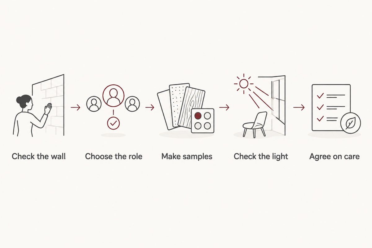 Five steps for choosing a wall finish, from checking the wall to agreeing on care