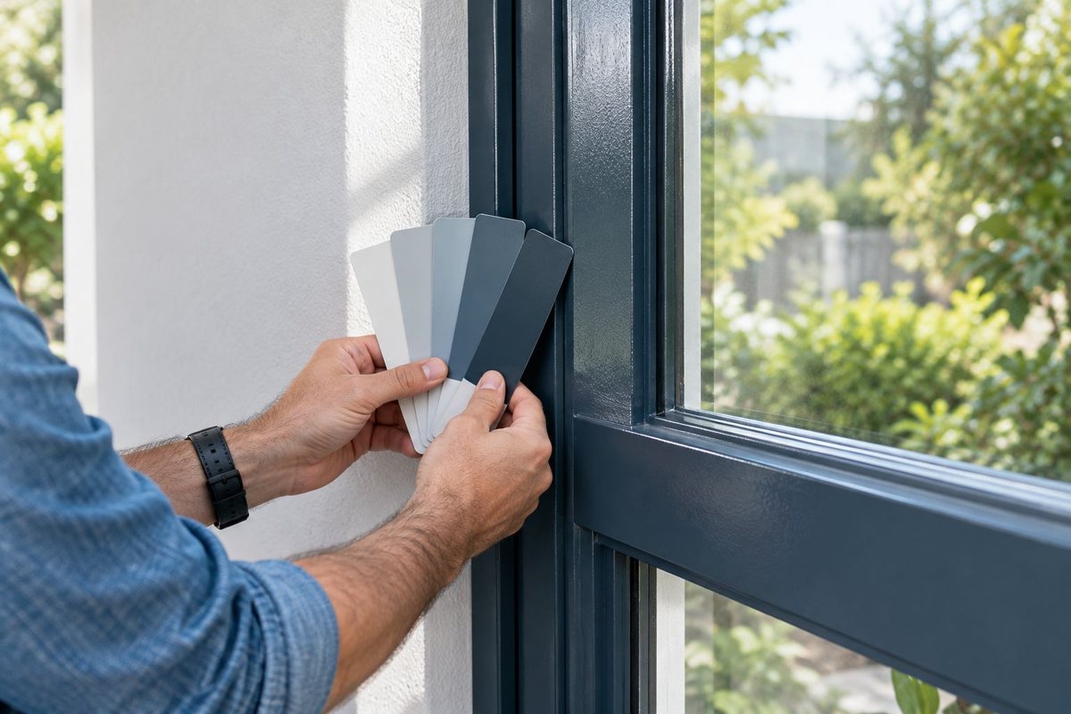 Illustration of paint-colour samples held beside an indoor metal window frame