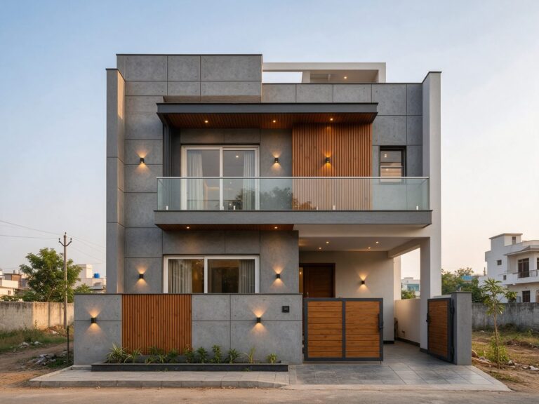 Illustration of a modern house front with a grey concrete-look textured wall, wooden panels and warm lights
