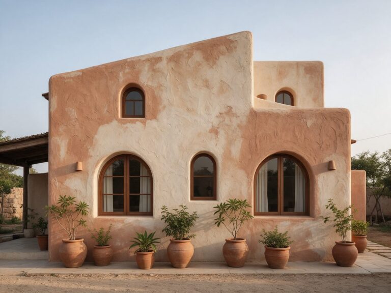 Illustration of a home exterior with a rustic Mediterranean-style textured wall in warm earthy tones