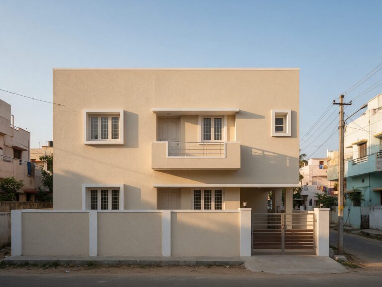 Illustration of an Indian home exterior with a fine sand-finish textured wall in a warm beige tone