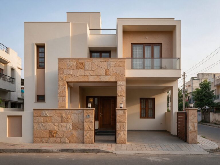 Illustration of an Indian home exterior with a stone-effect textured wall around the entrance