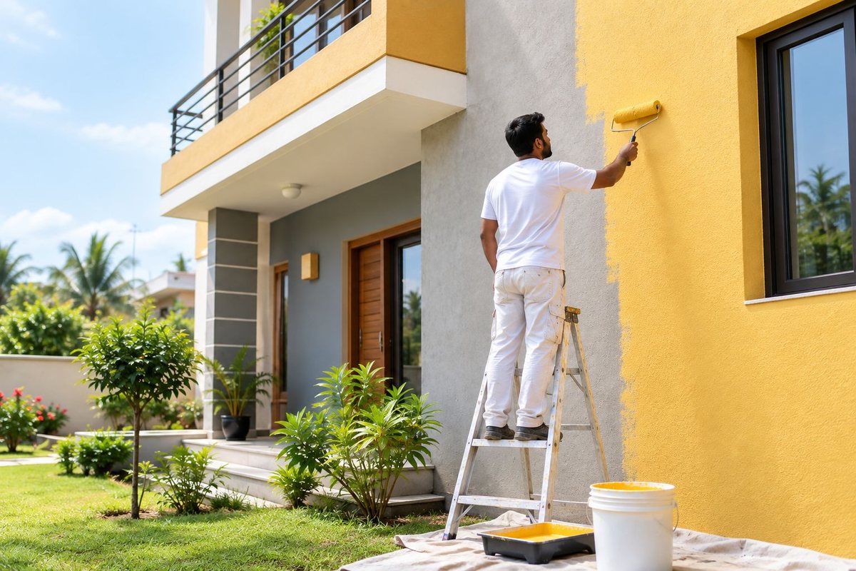 Illustration of a painter applying exterior wall paint to a house facade