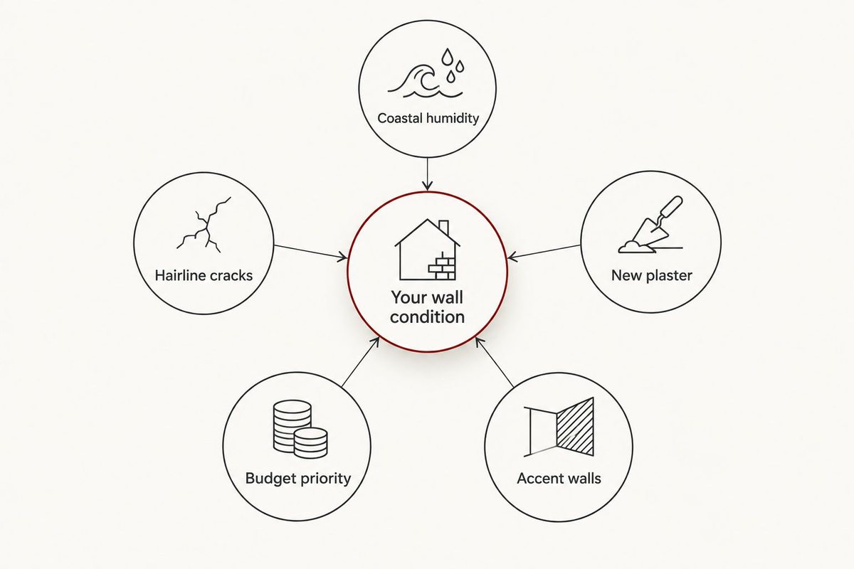 Diagram showing five wall conditions that decide which exterior paint type to choose