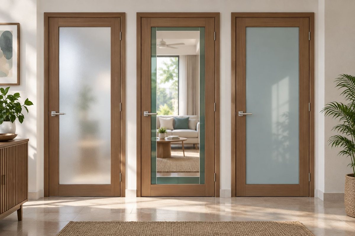 Illustration of glazed door panels showing frosted, decorative and opaque finishes
