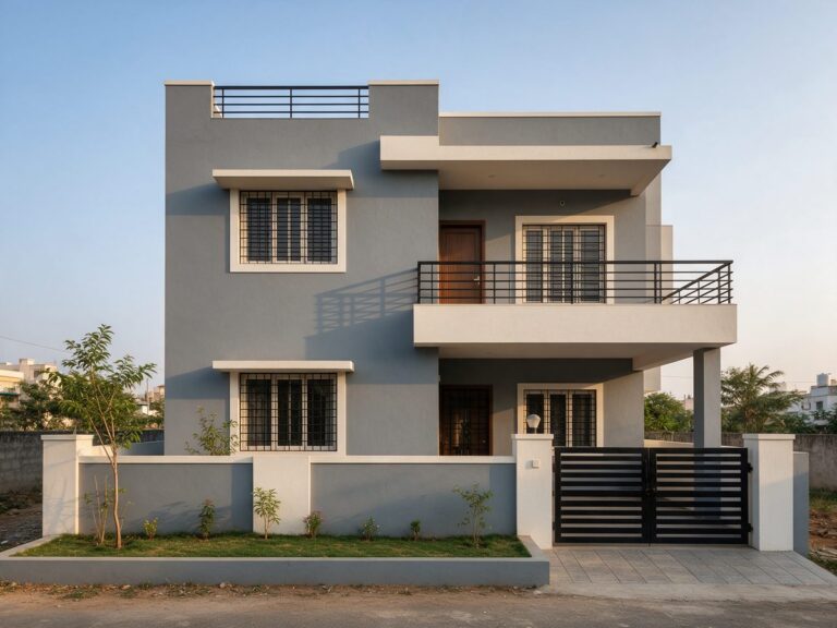 Illustration of a modern two-storey Indian house painted calm grey with off-white slabs and black grills