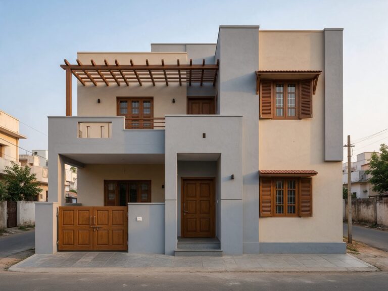 Illustration of an Indian house with cool grey and warm beige walls, wooden-look doors, shutters and a pergola