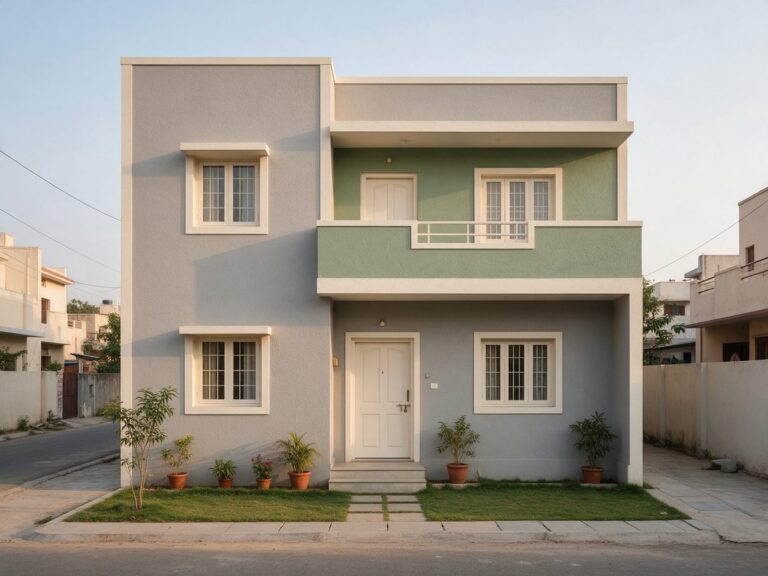Illustration of an Indian house painted pebble grey with a sage green balcony band, ivory edges and potted plants
