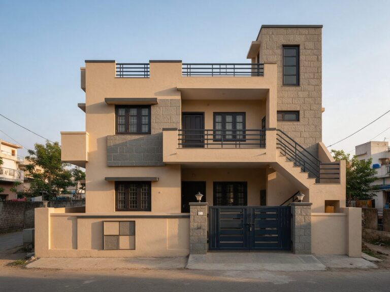 Illustration of an Indian house painted sand beige with stone grey blocks and near-black trims on railings and gate