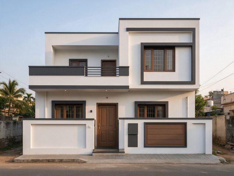 Illustration of a modern Indian house painted stone white with charcoal frames and a cocoa-brown main door