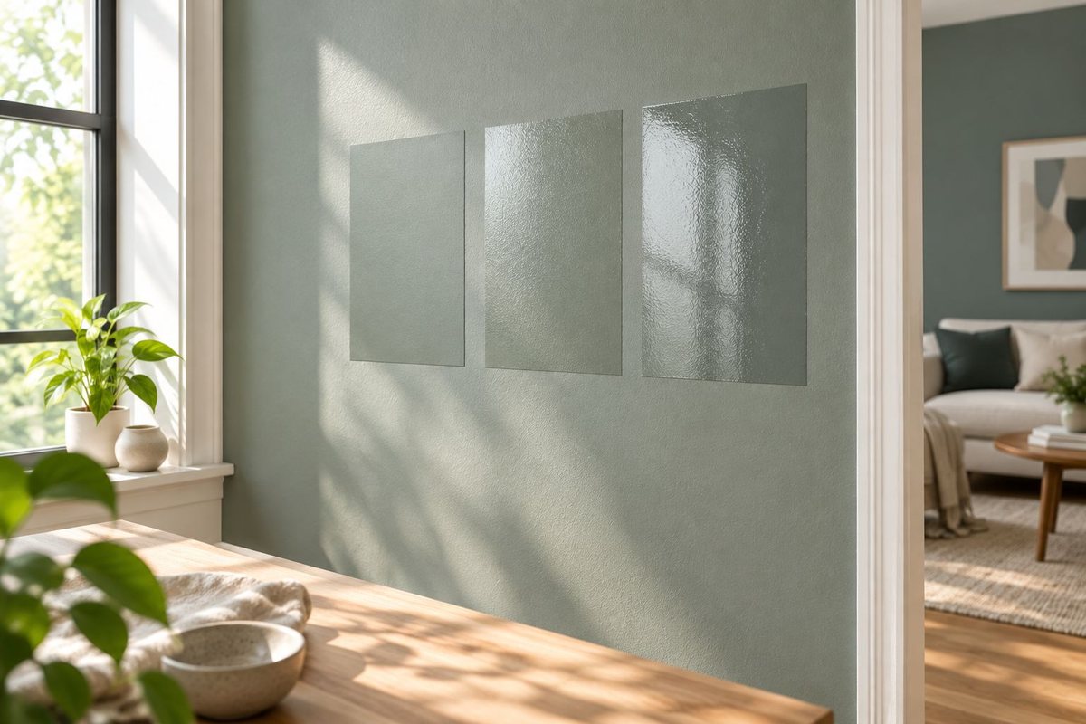Illustration of three wall finish samples beside a window showing different levels of reflection