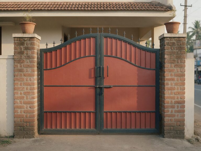 Illustration of a brick red main iron gate with a near-black frame between brick pillars under a Mangalore tile roof