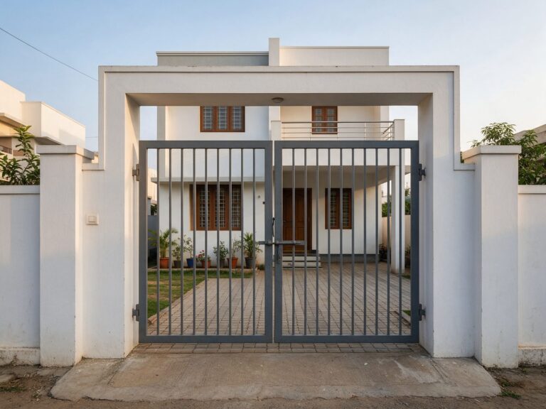 Illustration of a charcoal grey main iron gate with a warm white frame and pillars in front of an Indian home