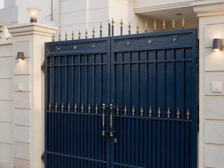 Illustration of a deep navy-blue main iron gate with brushed-gold finials and handles between cream stone pillars