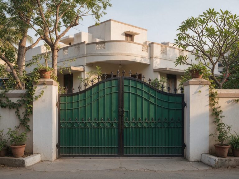 Illustration of a forest green main iron gate with a near-black frame at an Indian house with trees and a garden
