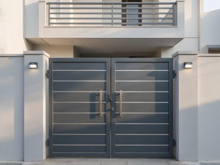 Illustration of a sleek graphite grey main gate with brushed-silver lines and handles at a compact Indian duplex