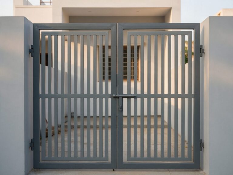Illustration of a main gate in two greys: a charcoal outer frame and lighter grey inner bars at a compact modern house