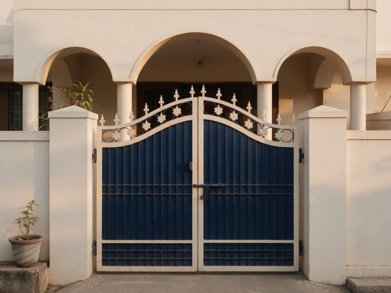 Illustration of a navy blue main iron gate with off-white borders and motifs in front of an arched Indian house