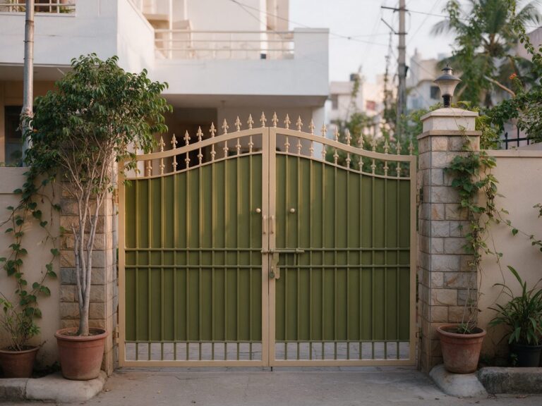 Illustration of an olive green main iron gate with beige detailing, framed by plants and stone pillars