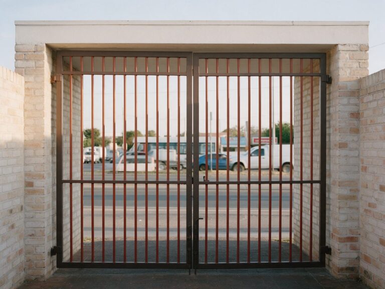 Illustration of a rust and coffee brown main iron gate between exposed brick walls on a busy road