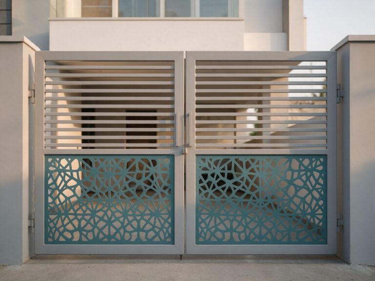 Illustration of a modern main gate with teal jali panels and a soft grey slatted frame at a contemporary Indian house
