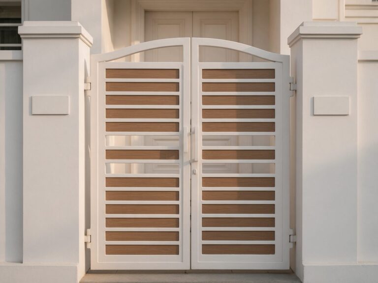 Illustration of a white arched main gate with wood-look brown panels at a classic Indian villa
