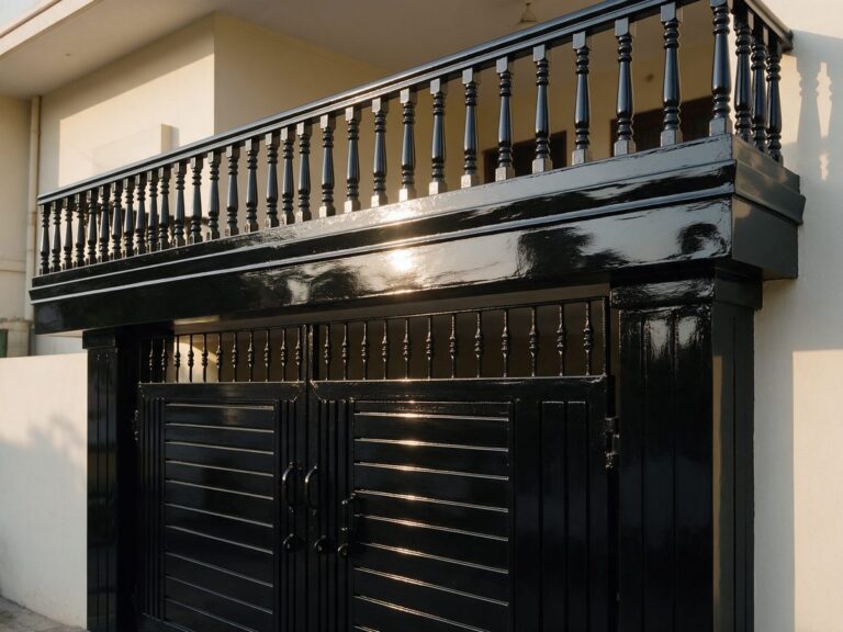 Illustration of a metal gate and railing painted in a glossy black finish