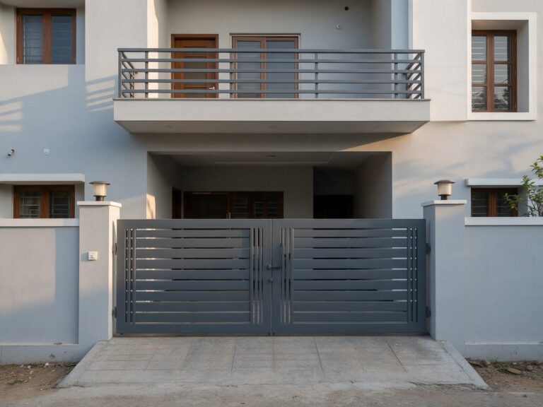 Illustration of a metal gate painted in a matt charcoal grey finish