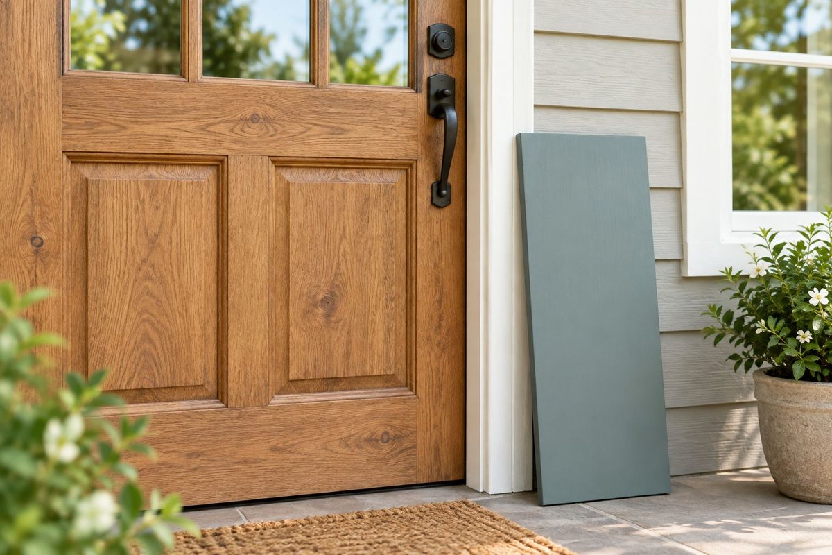 Illustration of a wooden door with visible grain beside an opaque painted wood sample