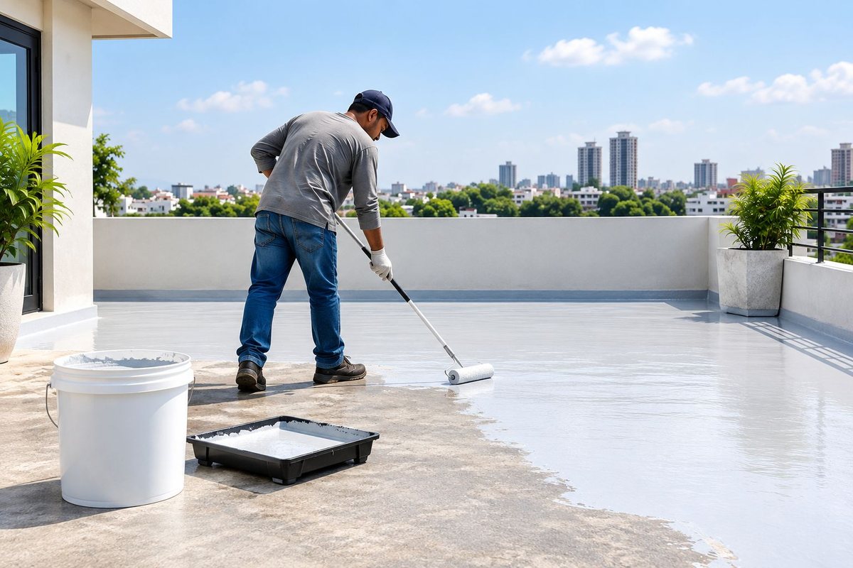 Illustration of a painter rolling waterproof coating onto a residential terrace floor