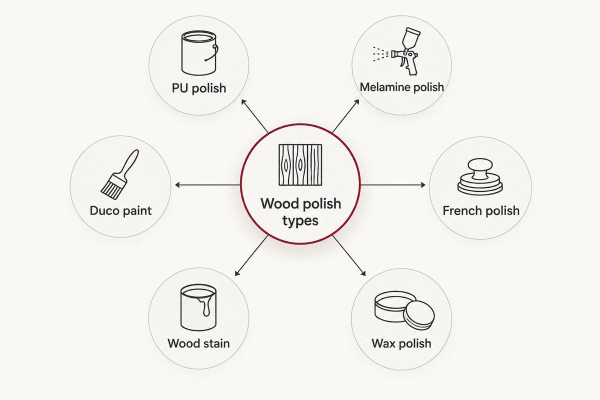 Diagram showing six wood polish types branching from a central hub