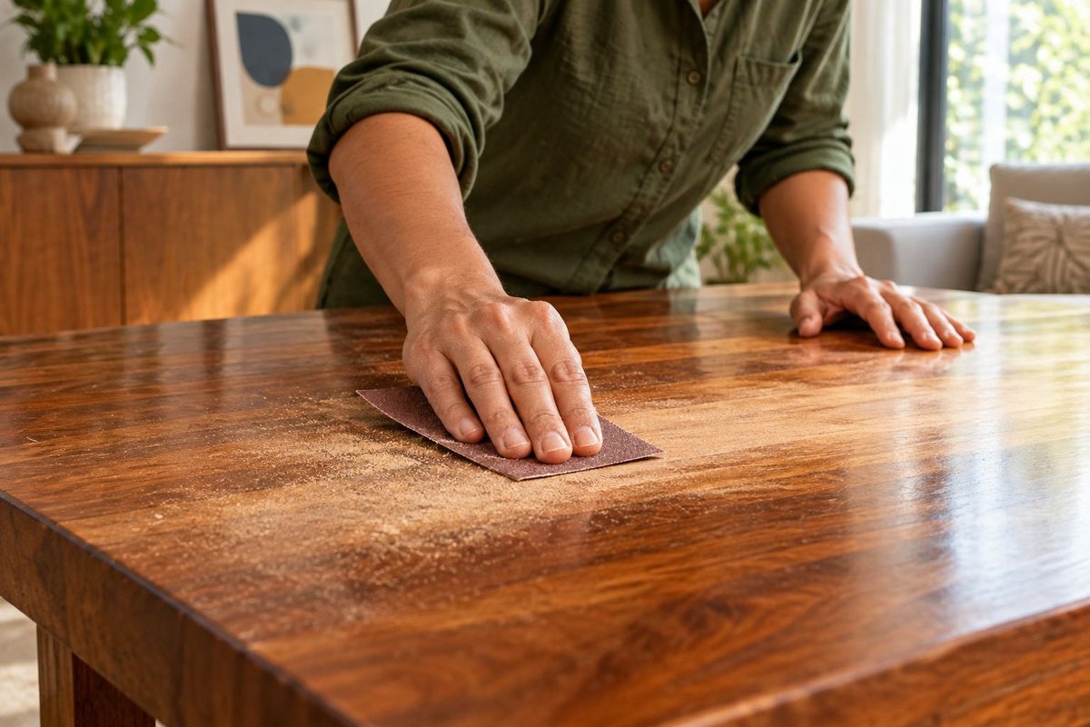 Illustration of hands sanding a wooden table surface before staining
